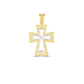 14k Two Tone Gold High Polish Diamond Cut Cross Pendant