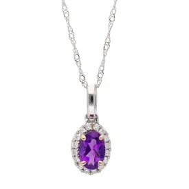 14K White Gold Oval Amethyst w/Diamond Halo 16" Necklace