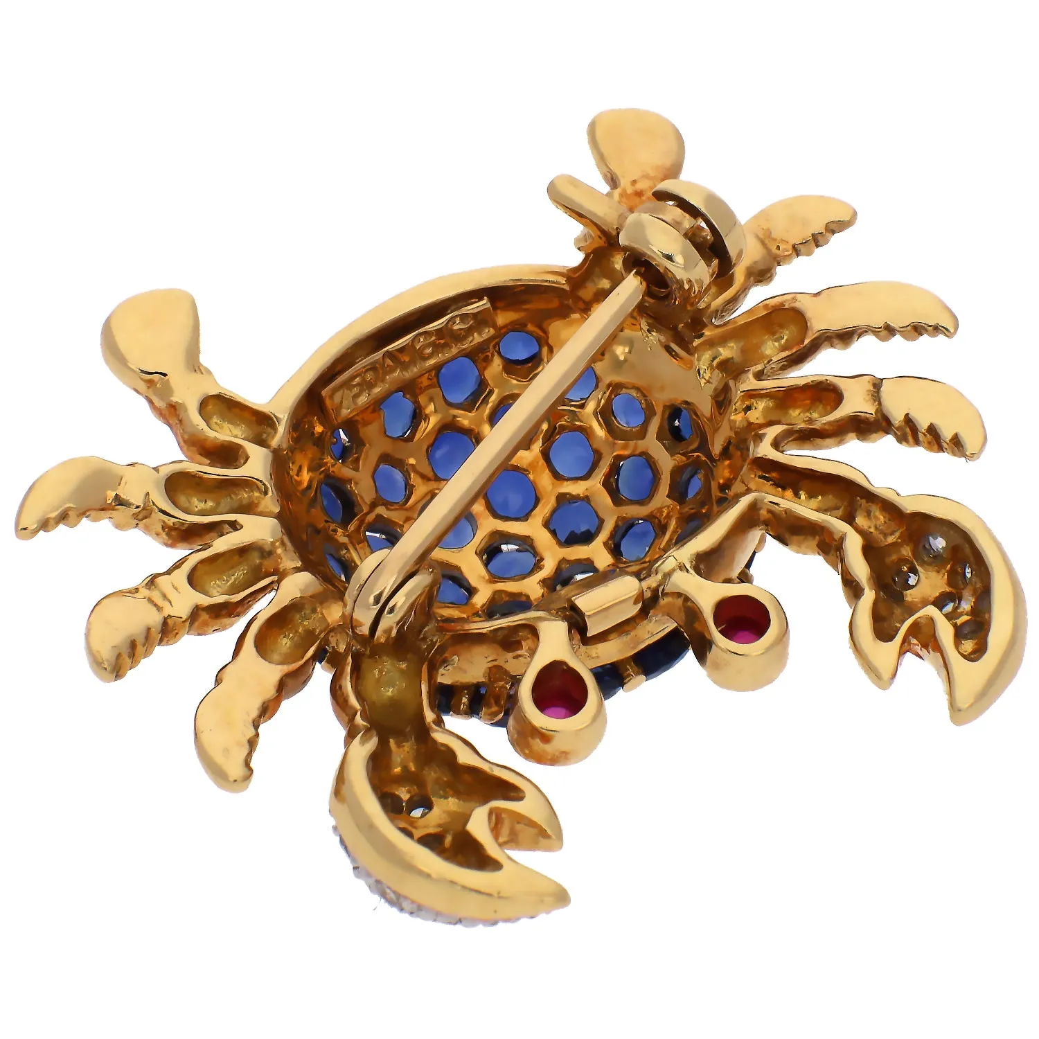 18K Yellow Gold Sapphire, Diamond, and Ruby Crab Pin/Brooch