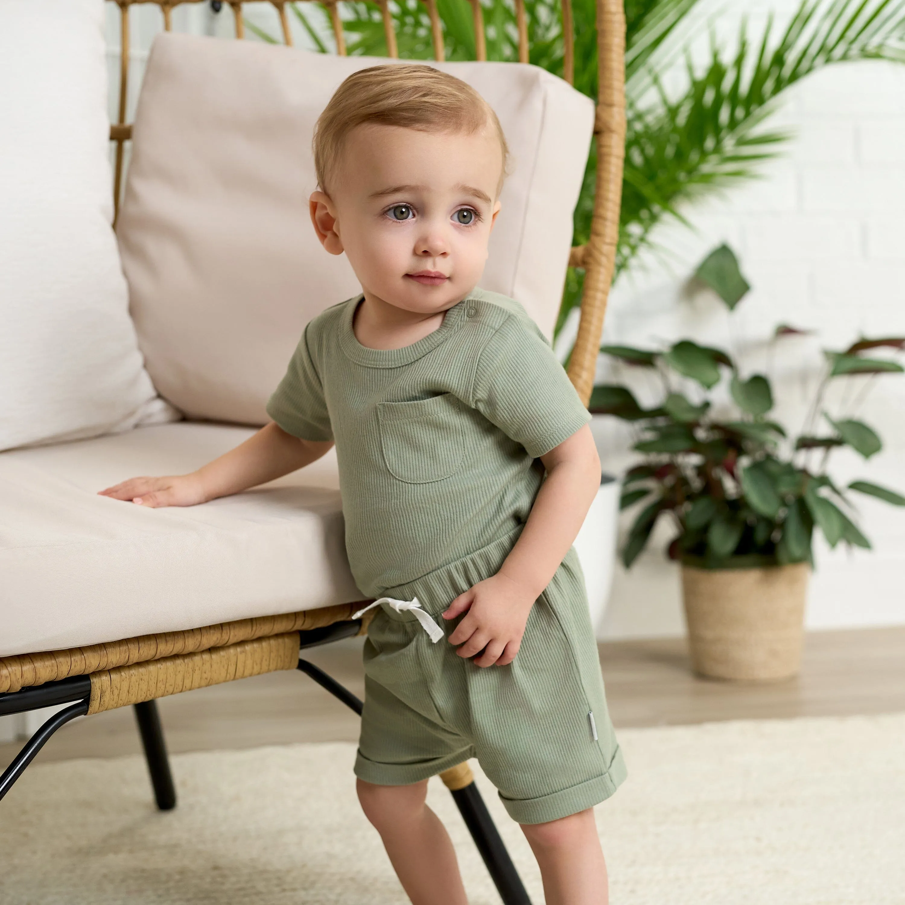 2-Piece Baby Boys Olive Bodysuit and Shorts Set