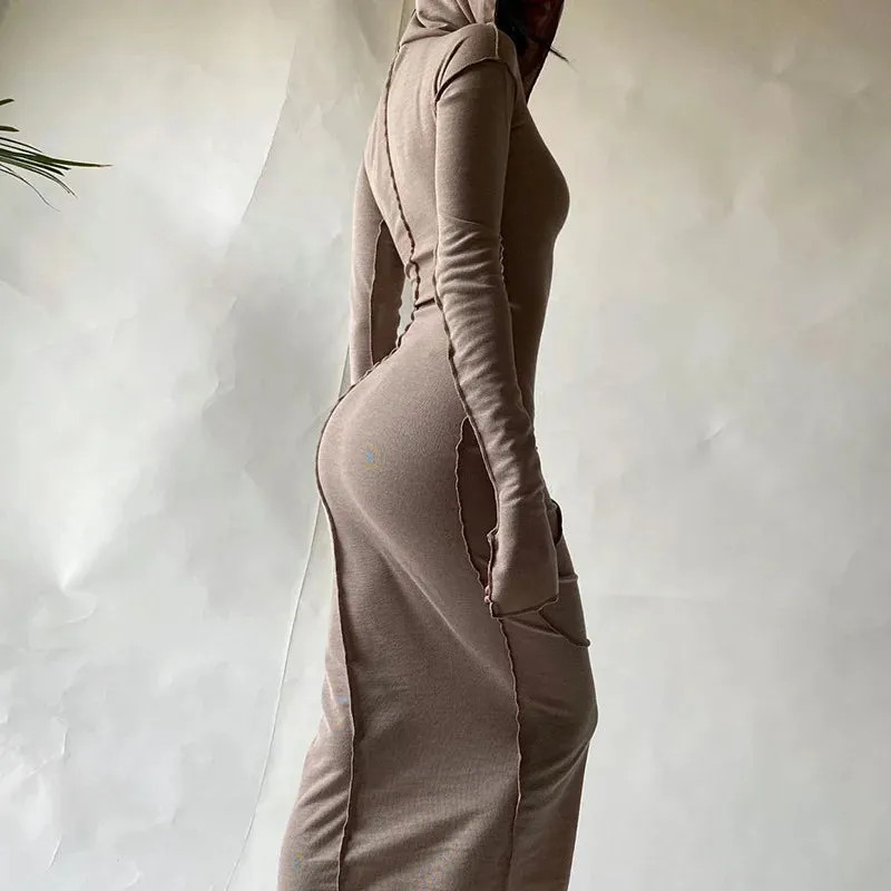 2024 Patchwork Hooded Long Sleeve Skinny Maxi Dress