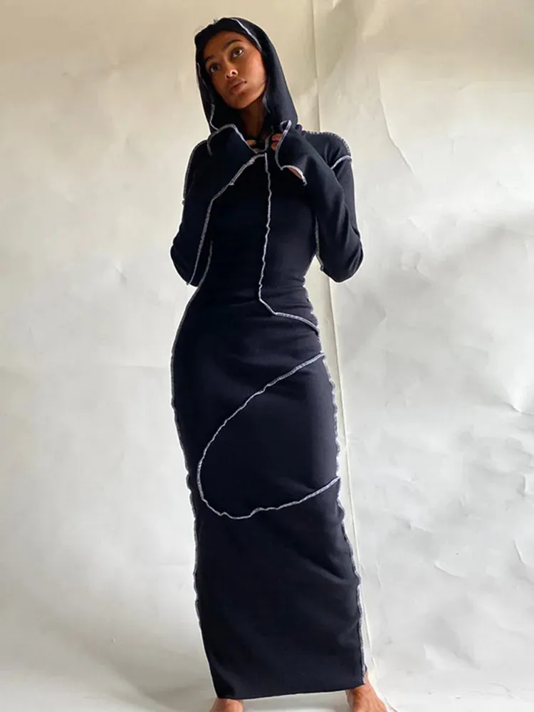 2024 Patchwork Hooded Long Sleeve Skinny Maxi Dress