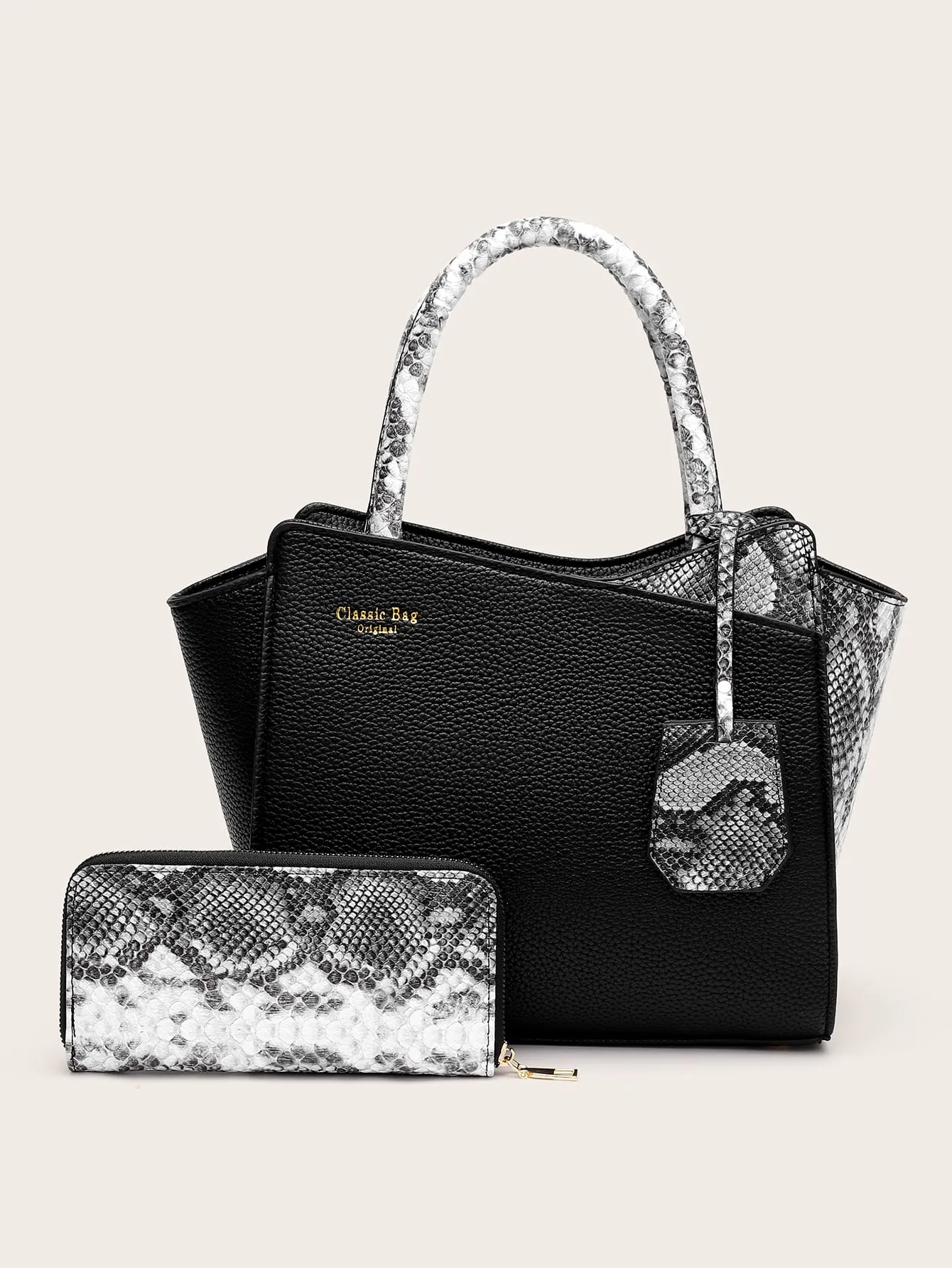 2pcs Satchel Bag With Snakeskin Purse