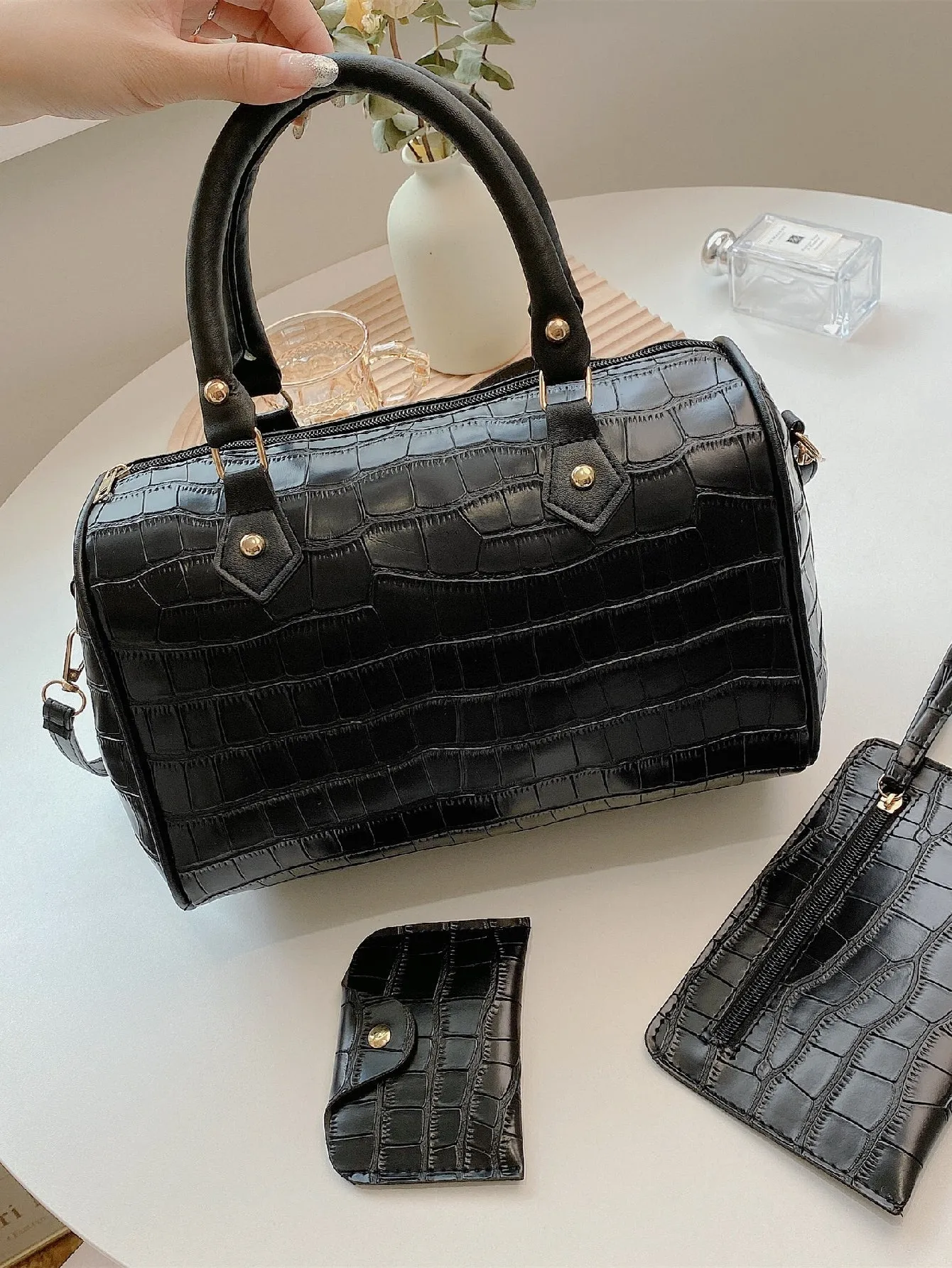 3pcs Minimalist Croc Embossed Bag Set