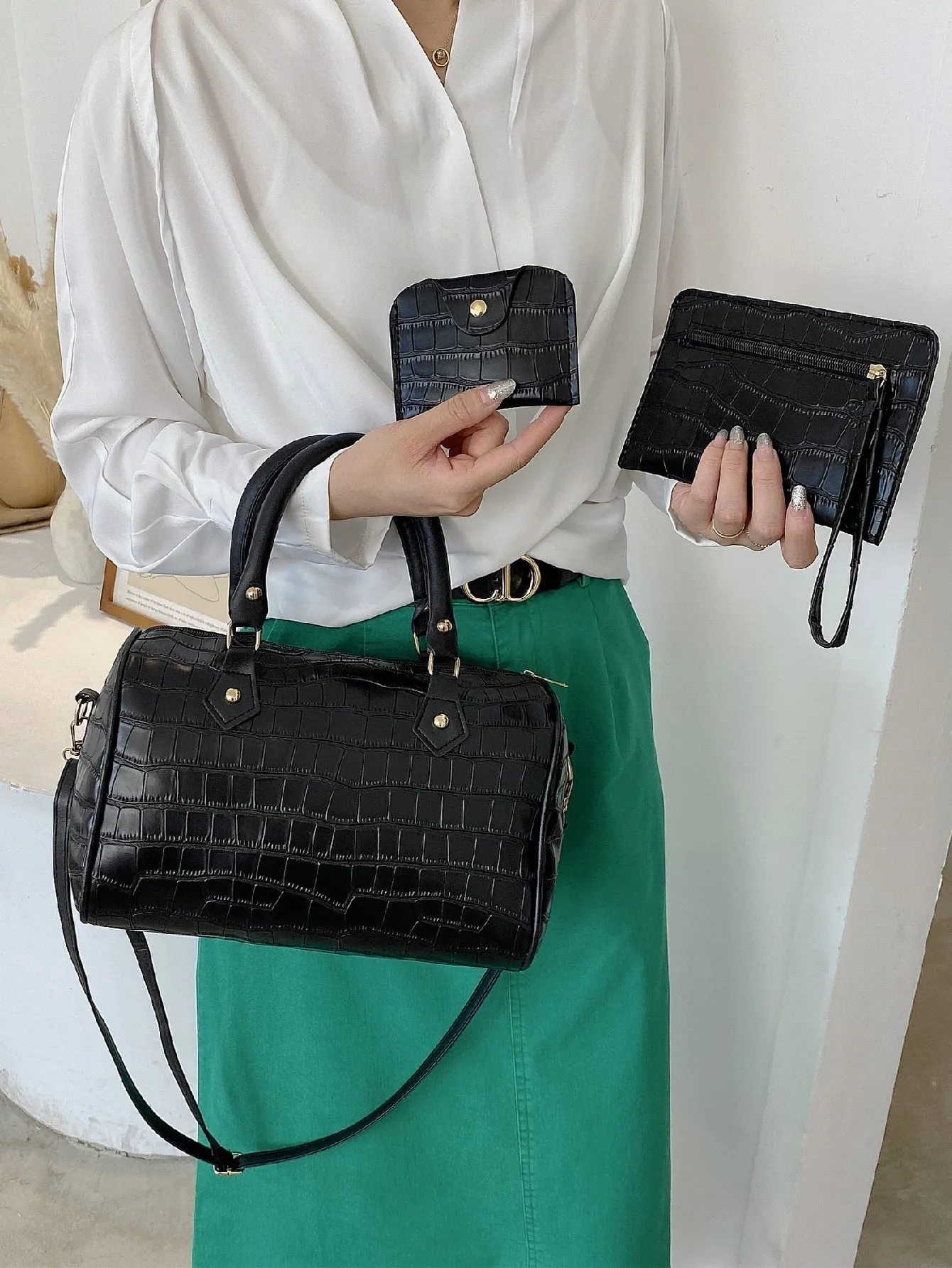 3pcs Minimalist Croc Embossed Bag Set