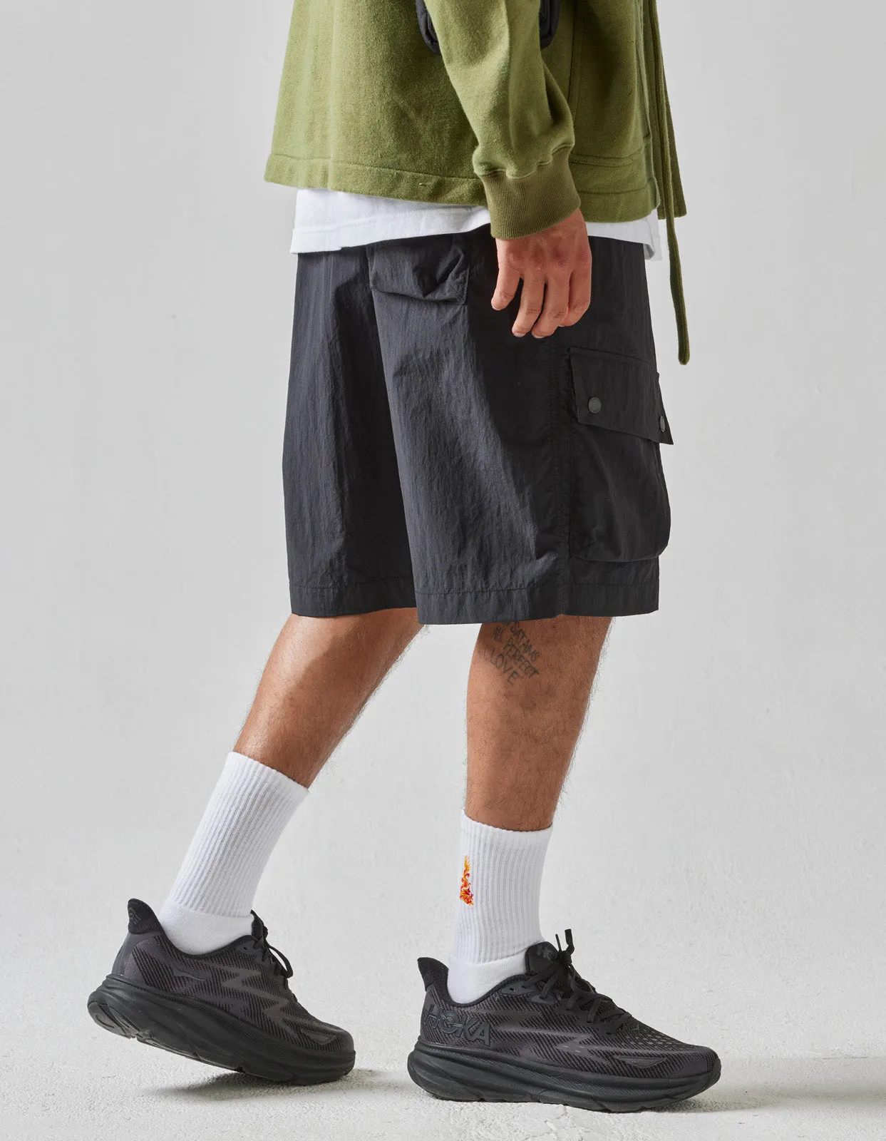 5041 Veg Dyed Asym Cargo Track Shorts Black