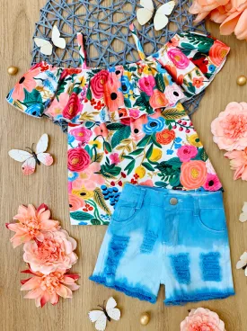 About The Blossoms Ombre Denim Short Set