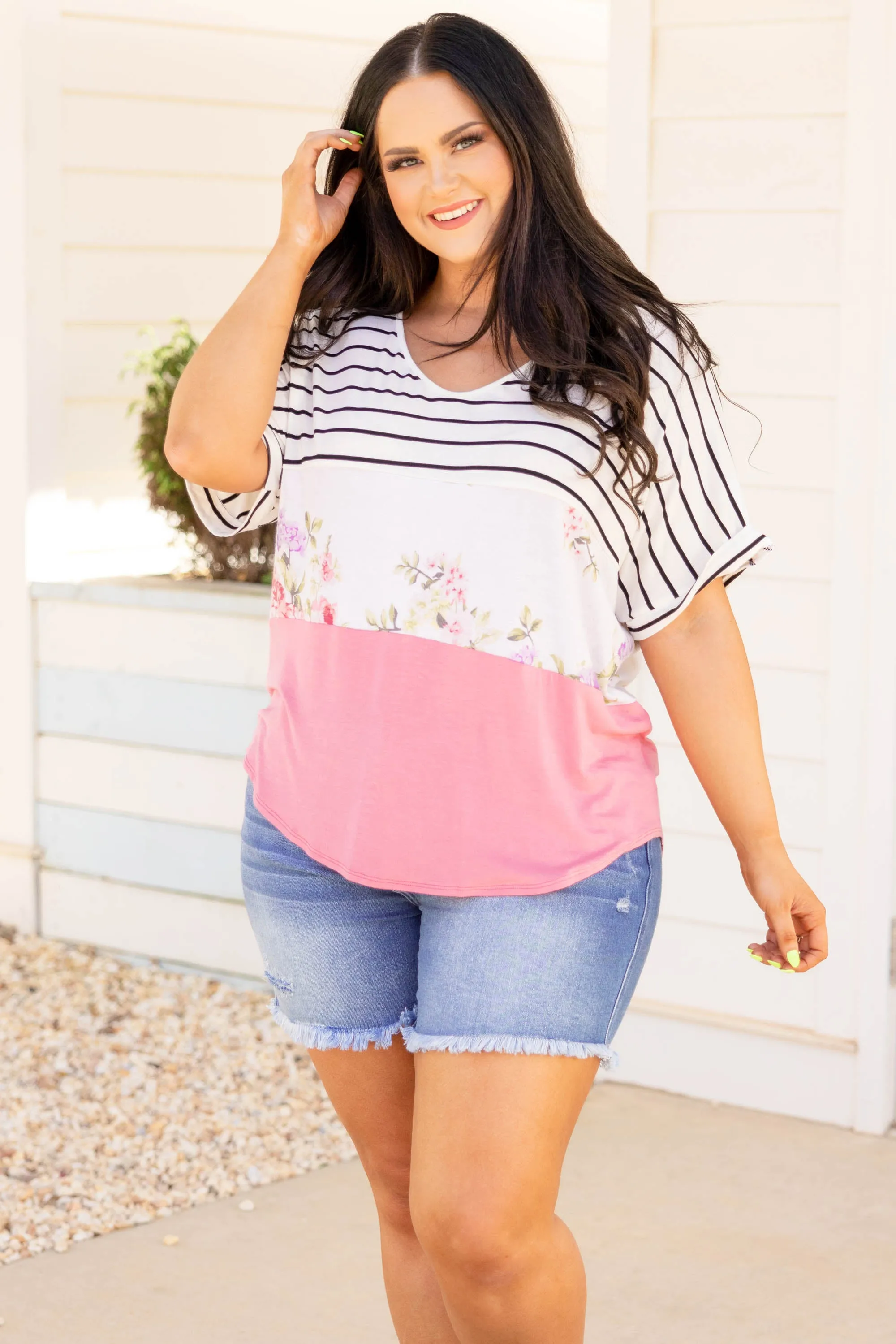 Always On My Heart Top, Ivory-Hot Pink