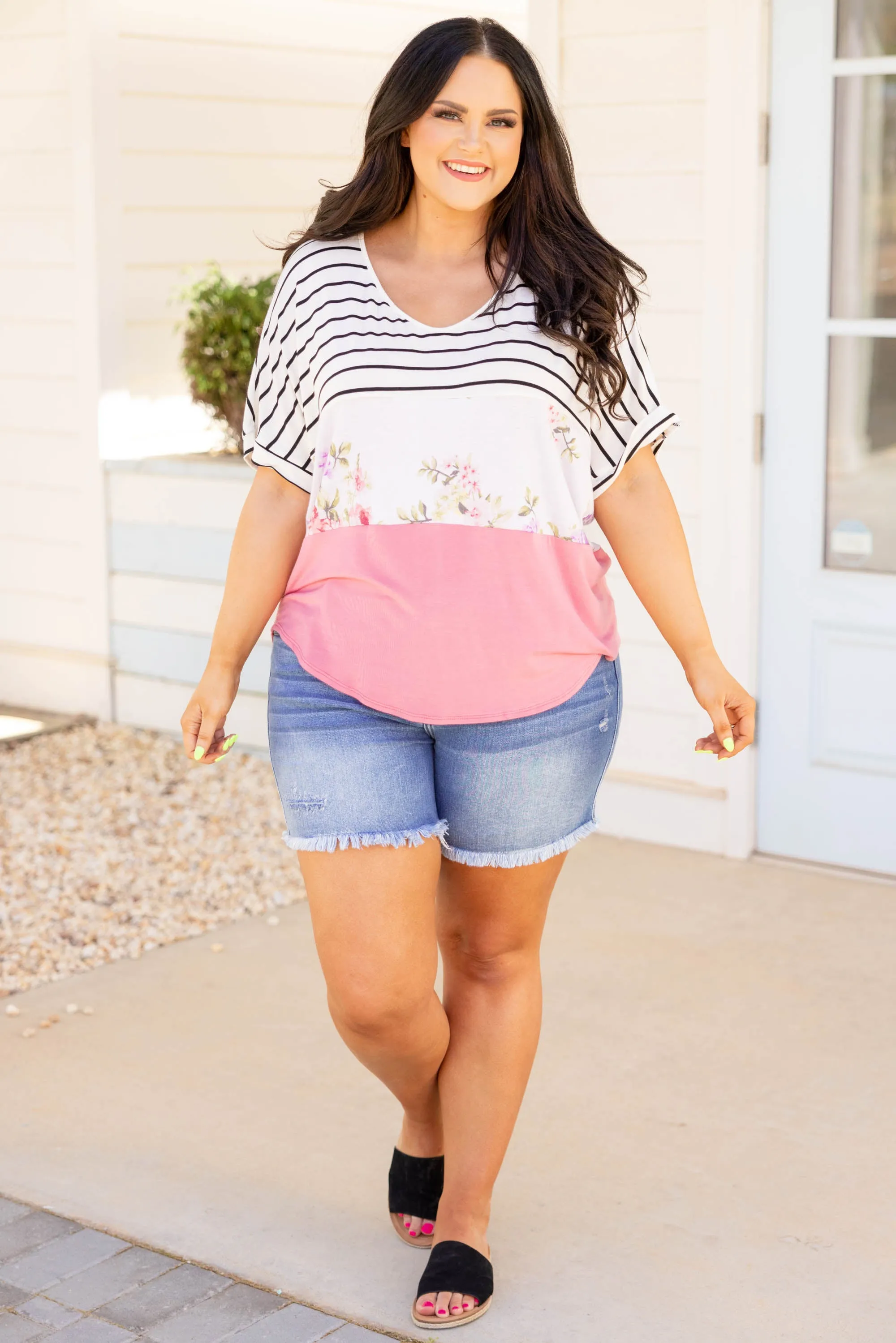 Always On My Heart Top, Ivory-Hot Pink