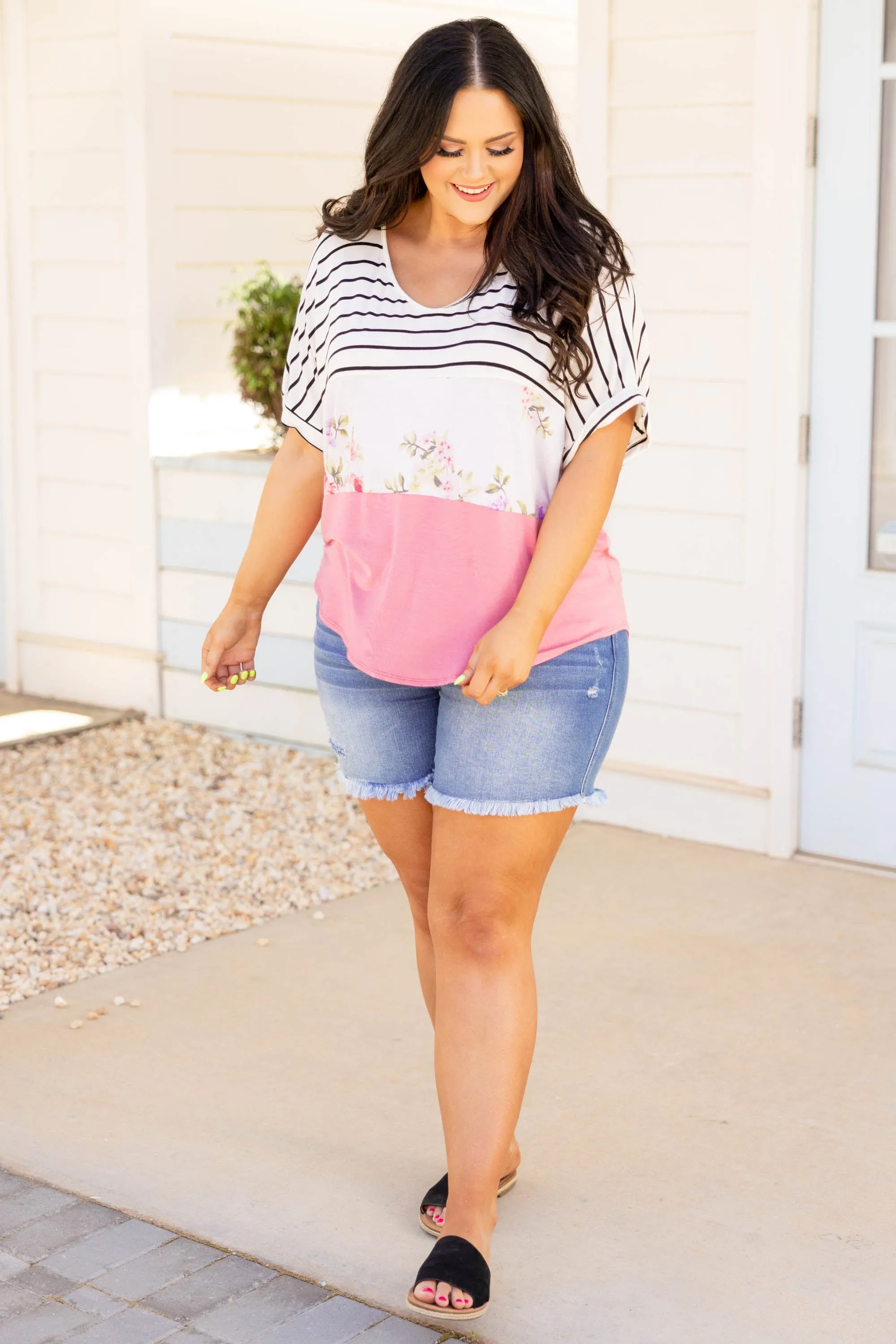 Always On My Heart Top, Ivory-Hot Pink