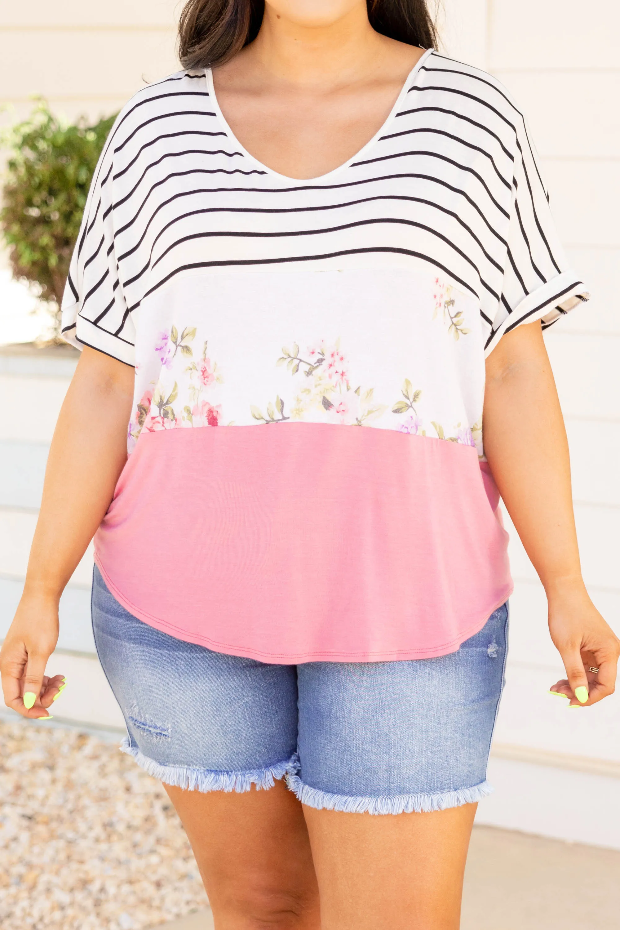 Always On My Heart Top, Ivory-Hot Pink