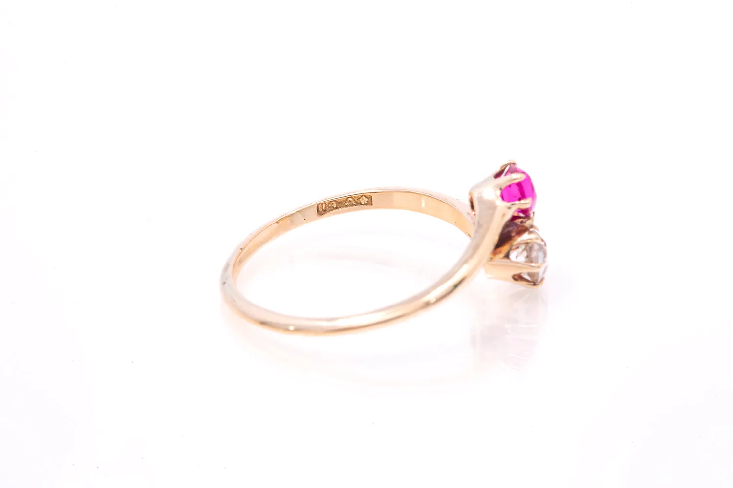 Antique Diamond & Pink Sapphire Bypass Moi Et Toi 14k 585 Yellow Gold Ring Size 5.5