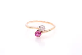 Antique Diamond & Pink Sapphire Bypass Moi Et Toi 14k 585 Yellow Gold Ring Size 5.5