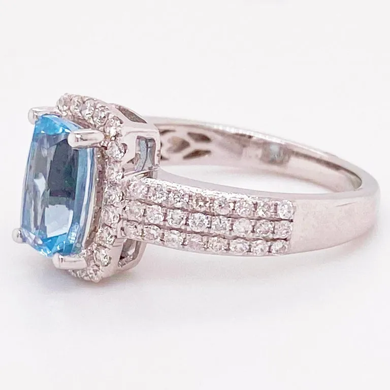 Aquamarine and Diamond Halo Ring