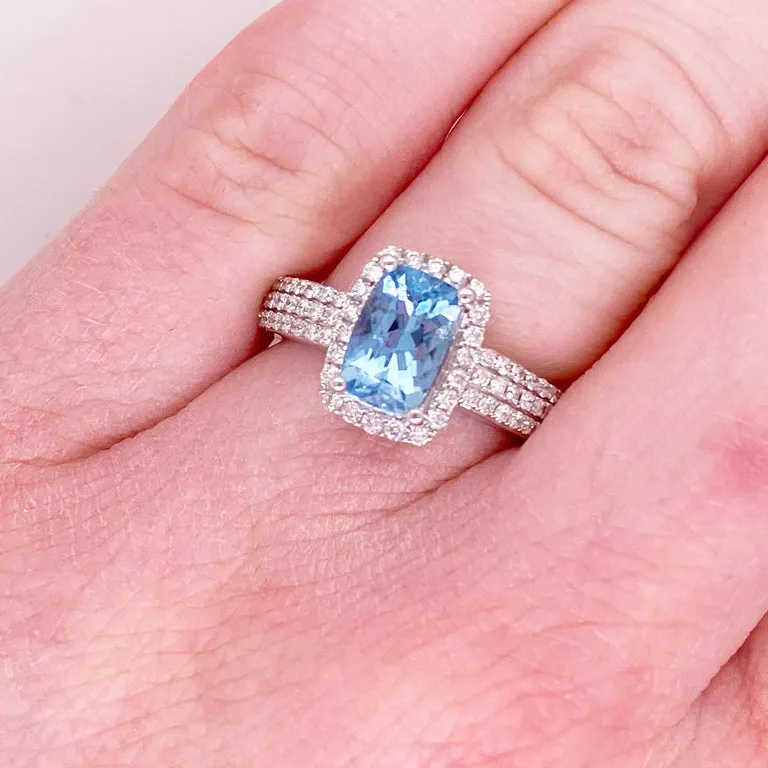 Aquamarine and Diamond Halo Ring