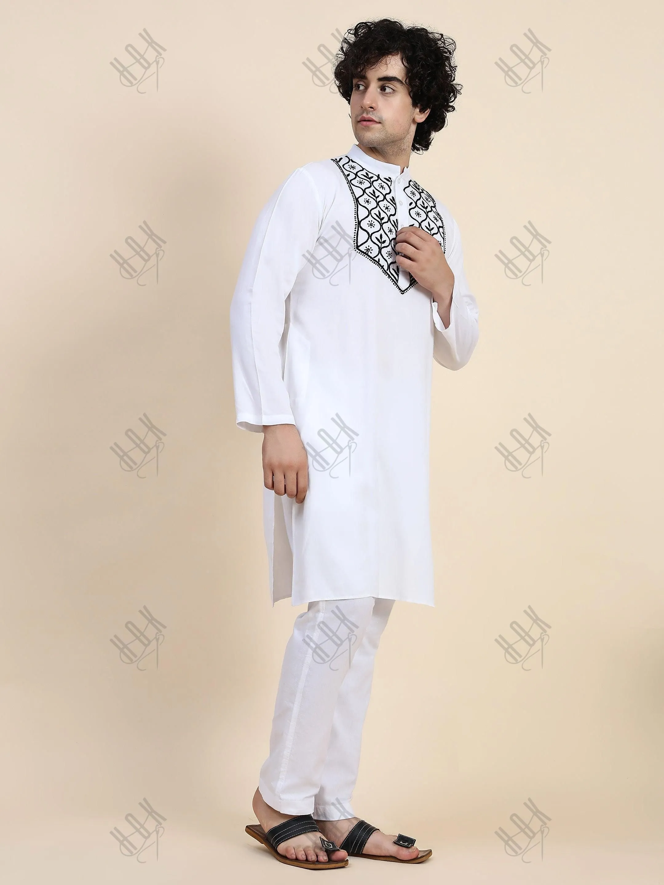 Arun in HOK Men's Chikankari Kurta in Rayon Cotton - White