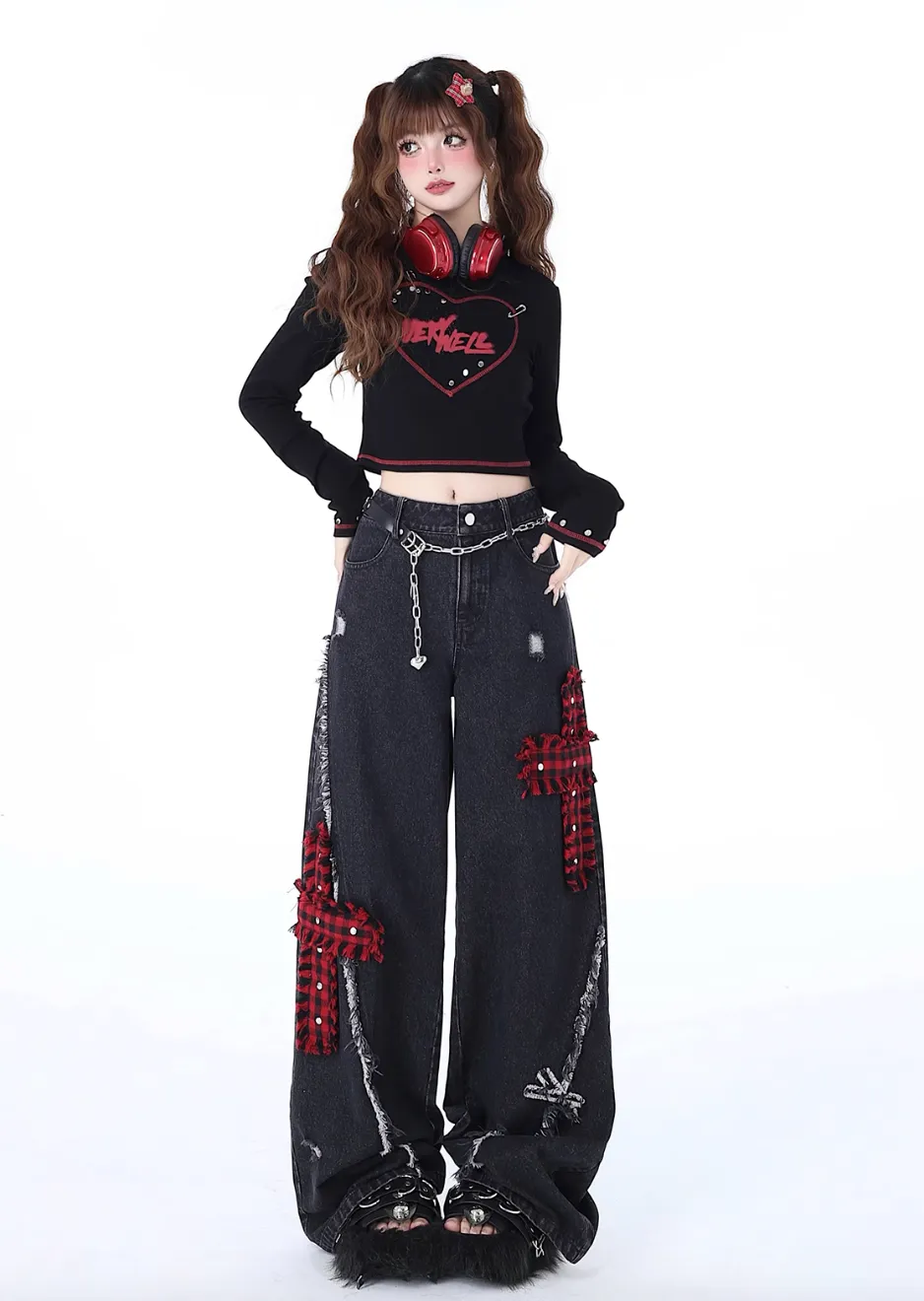 Asian rock punk ripped straight wide jeans CRA0041