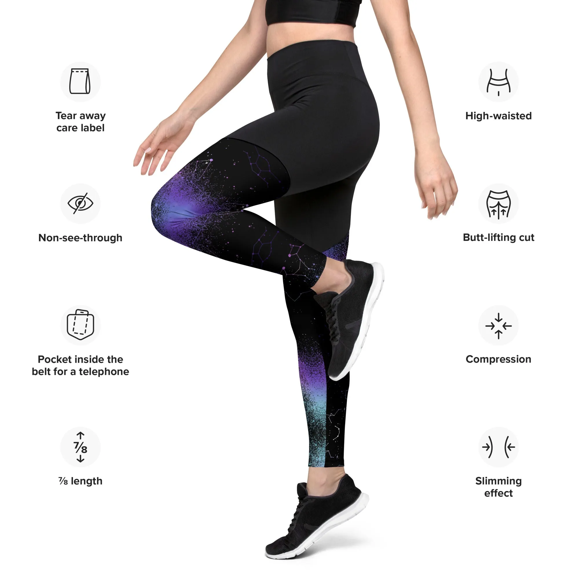 Aurora Sports Leggings - Slimming Effect Compression Fabric with Bum-lift cut - UPF 50 Protection Vegan Activewear