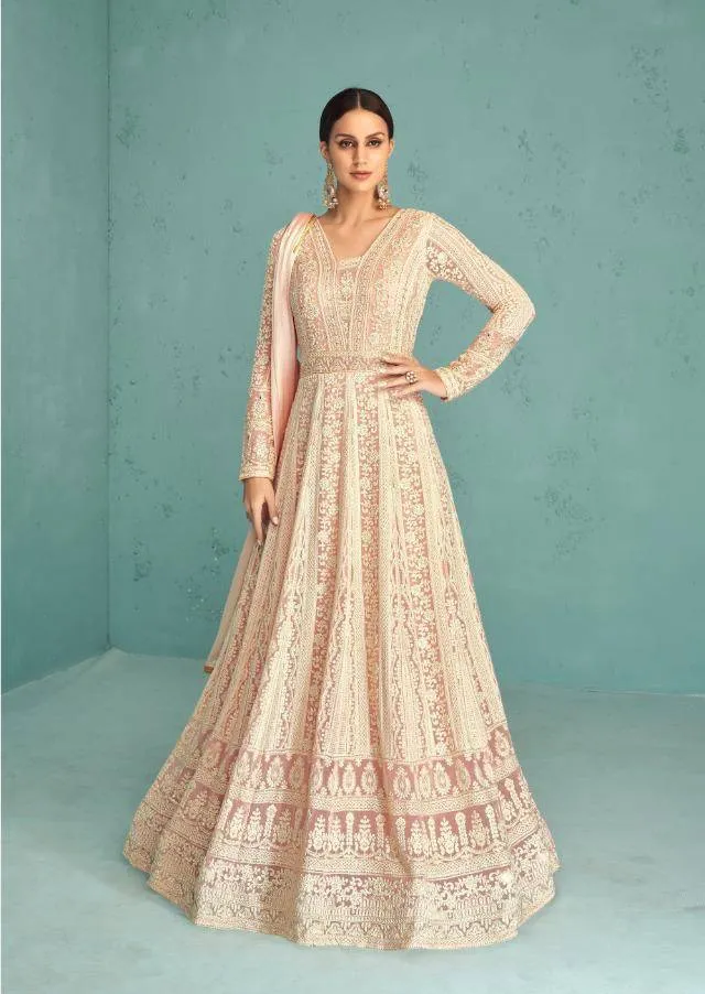 Beautifully designed Peach Colored Anarkali Set - Rent