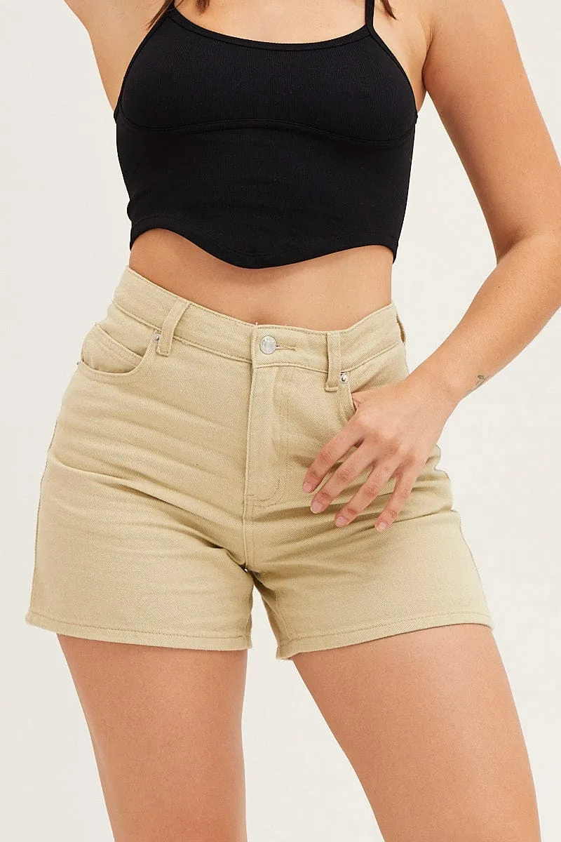 Beige Denim Shorts High Rise