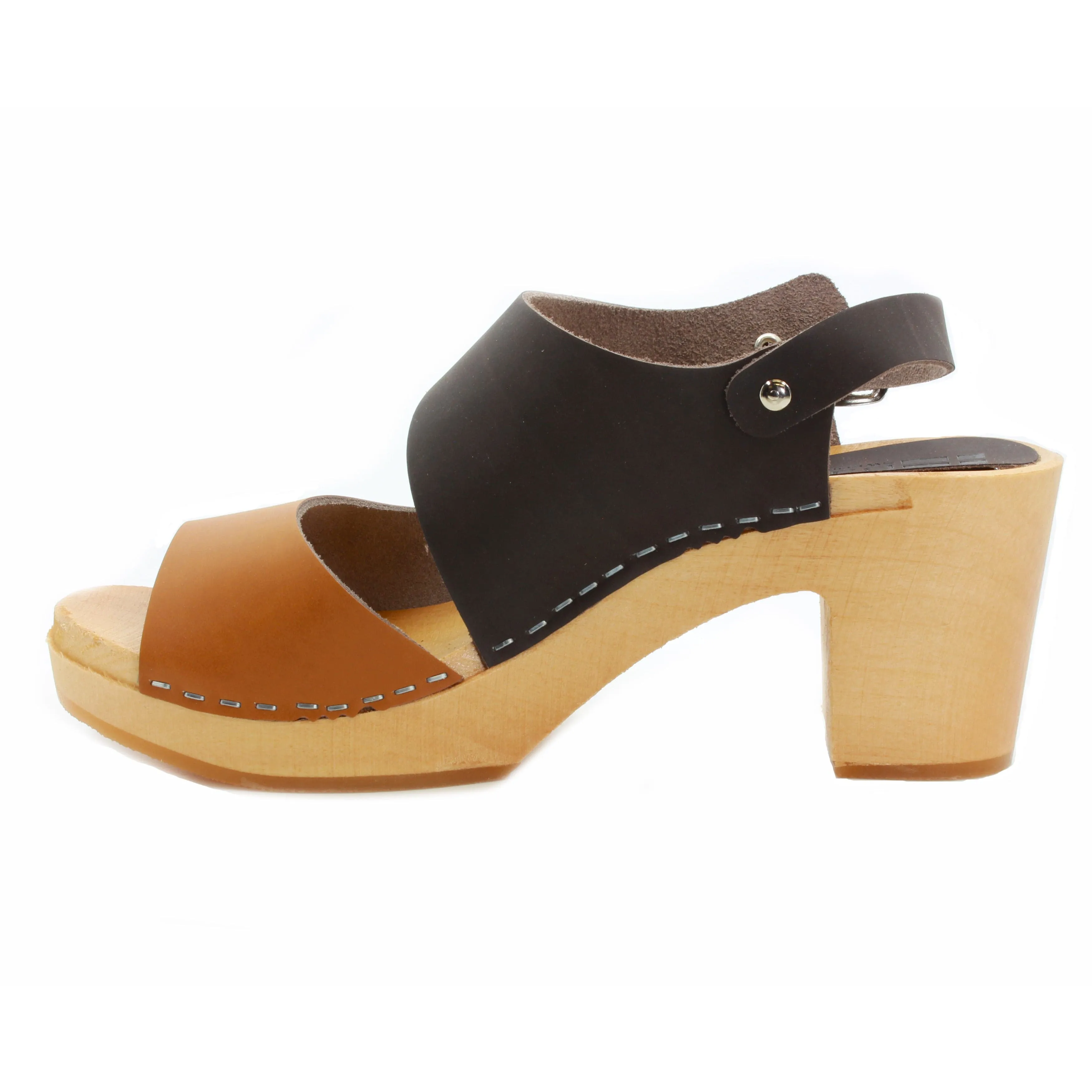 BJORK MARIE Swedish Wood Clog Sandals in Combi-Brown Oiled Leather