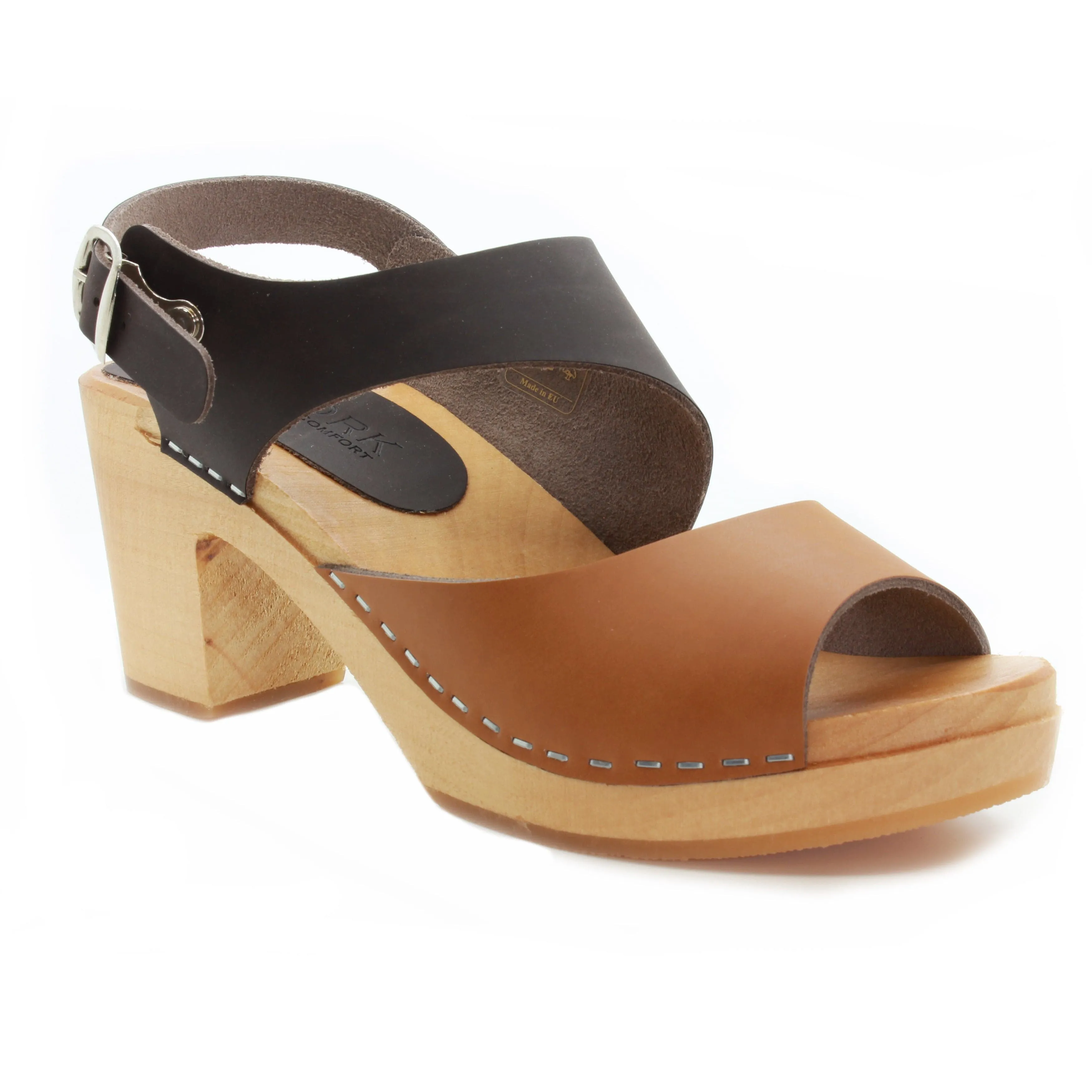 BJORK MARIE Swedish Wood Clog Sandals in Combi-Brown Oiled Leather