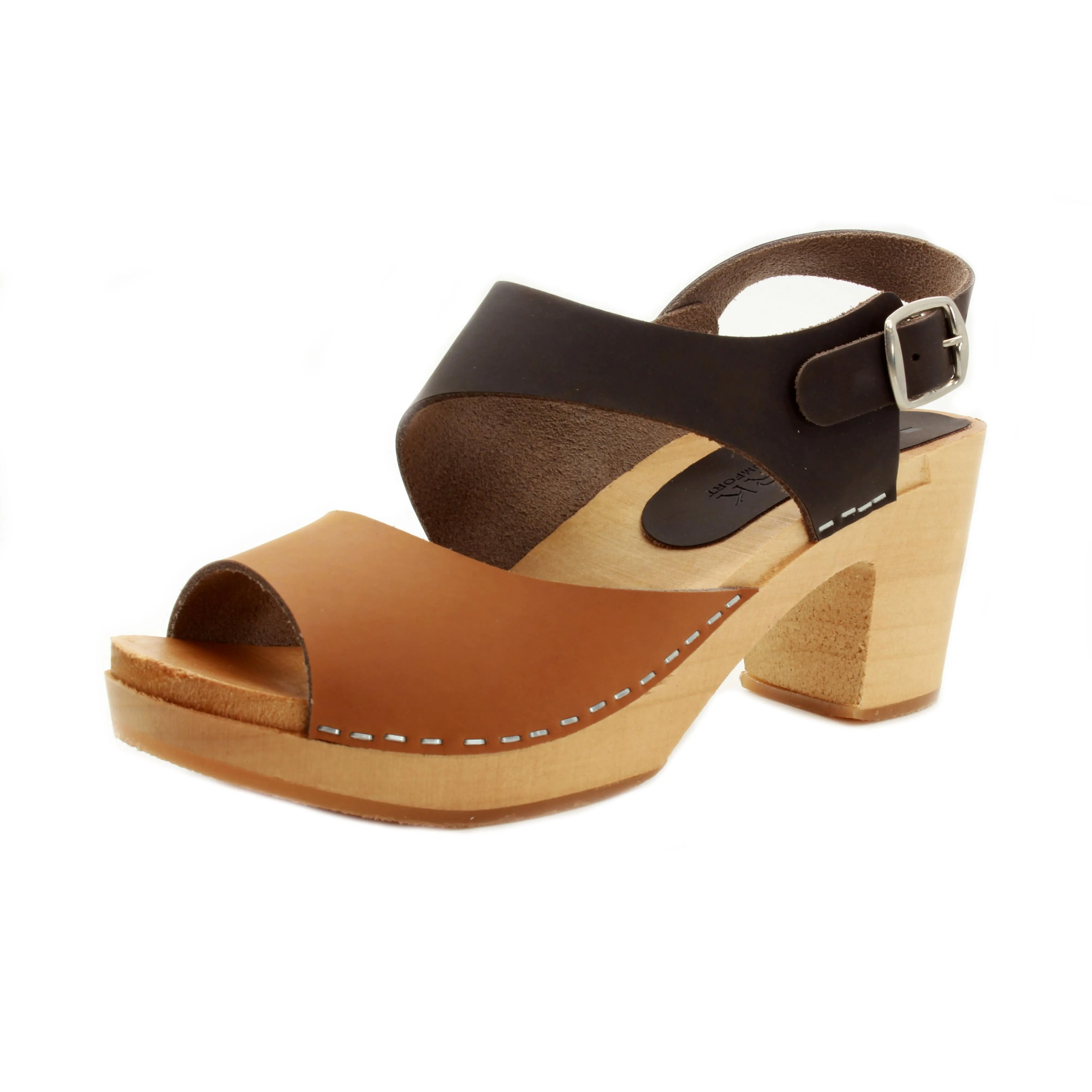 BJORK MARIE Swedish Wood Clog Sandals in Combi-Brown Oiled Leather