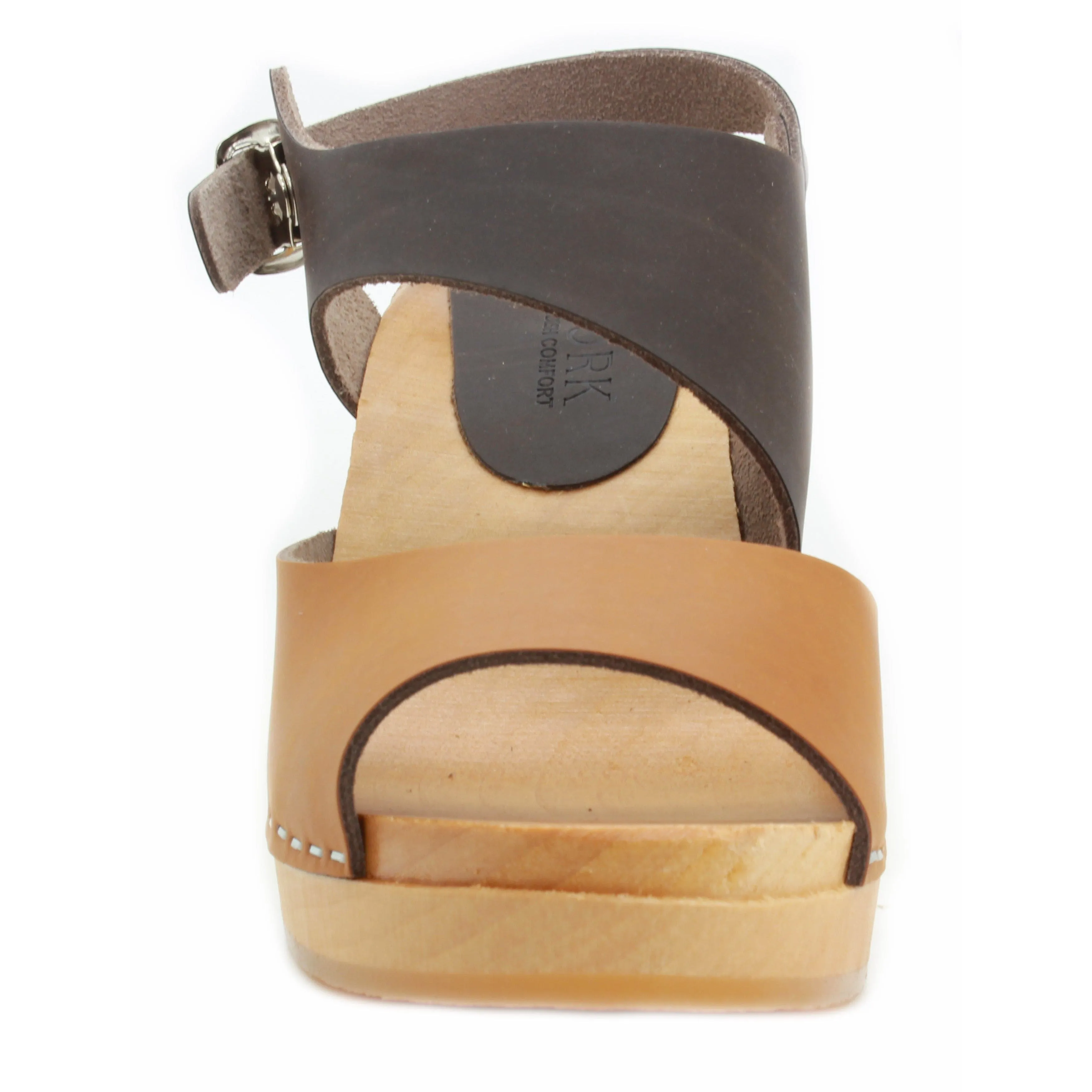 BJORK MARIE Swedish Wood Clog Sandals in Combi-Brown Oiled Leather