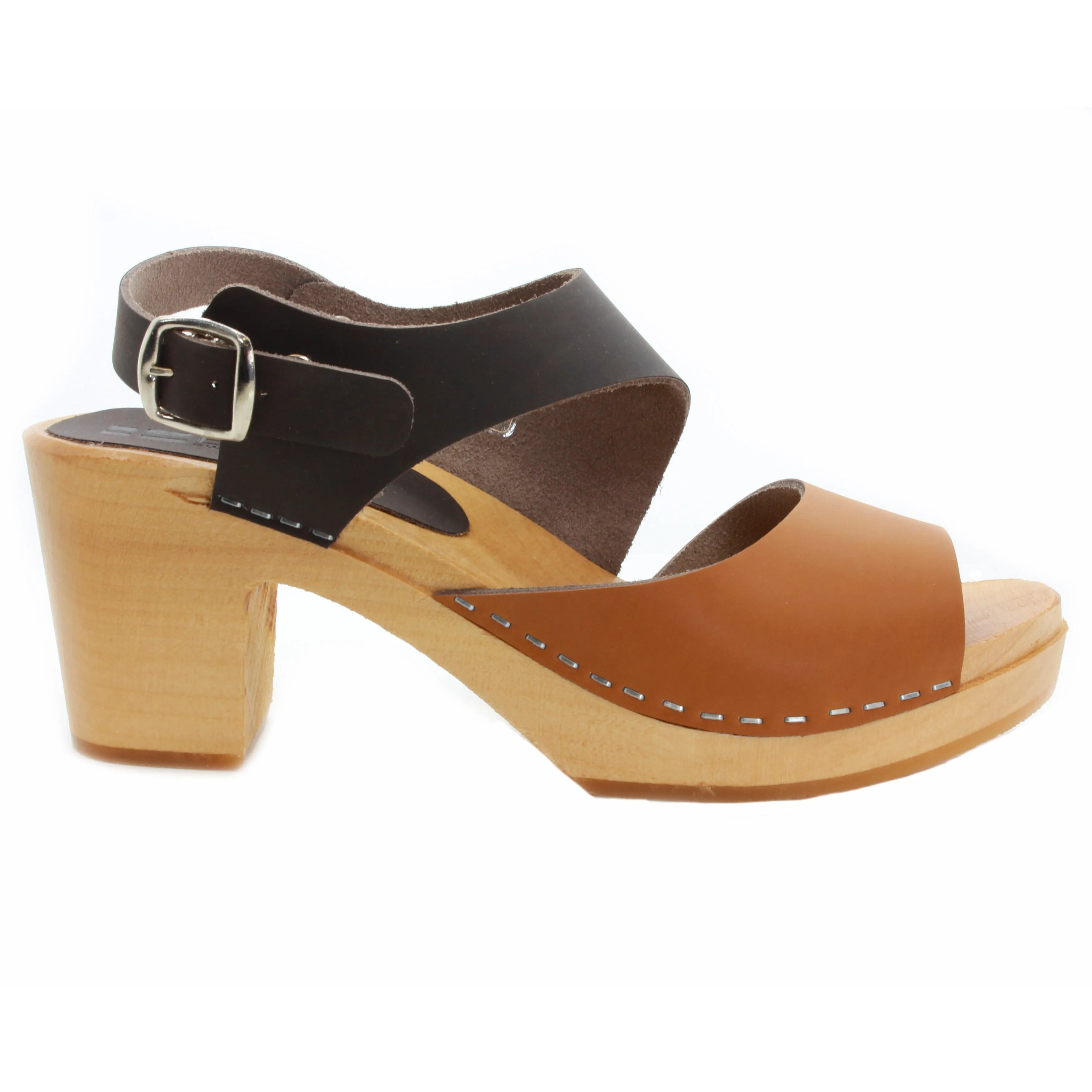 BJORK MARIE Swedish Wood Clog Sandals in Combi-Brown Oiled Leather