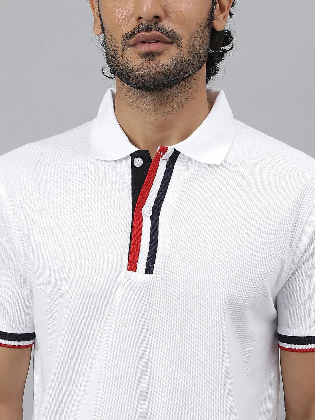 Black & Red Pure Cotton Striped Polo Neck White T-shirt - Converge