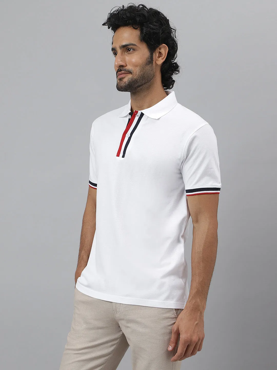 Black & Red Pure Cotton Striped Polo Neck White T-shirt - Converge