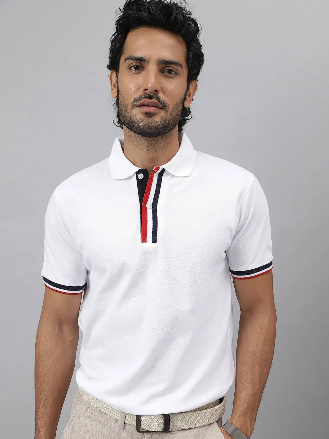 Black & Red Pure Cotton Striped Polo Neck White T-shirt - Converge