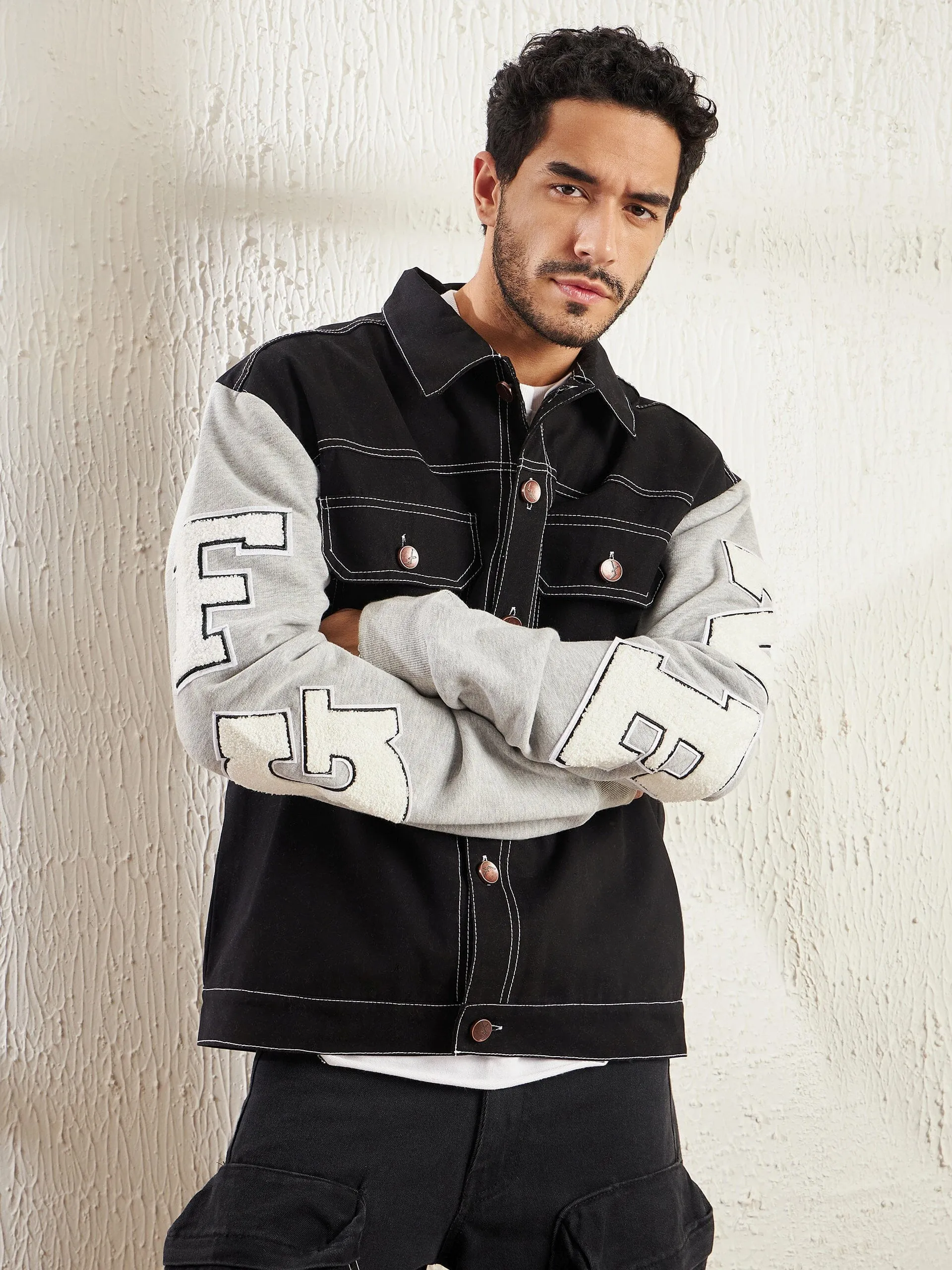 Black Letterman Contrast Stitch Jacket