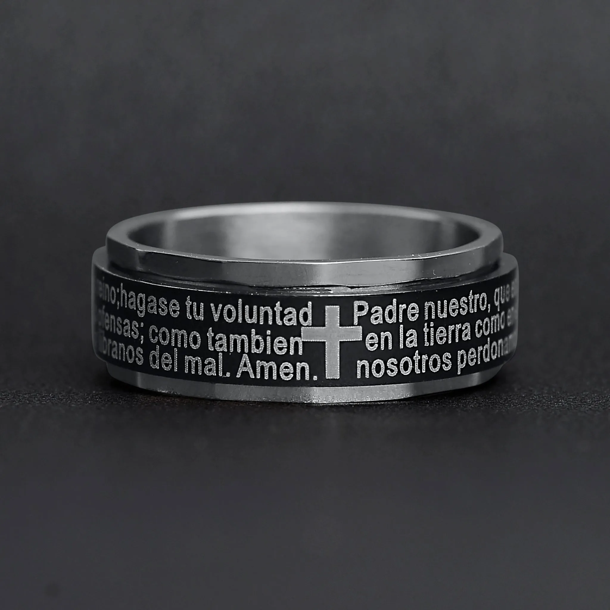 Black Stainless Steel Spanish Lord's Prayer Center Spinner Ring / SRJ1009