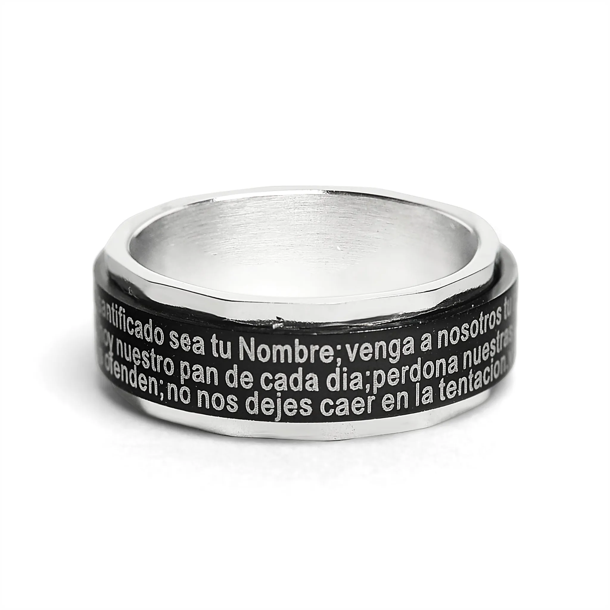 Black Stainless Steel Spanish Lord's Prayer Center Spinner Ring / SRJ1009