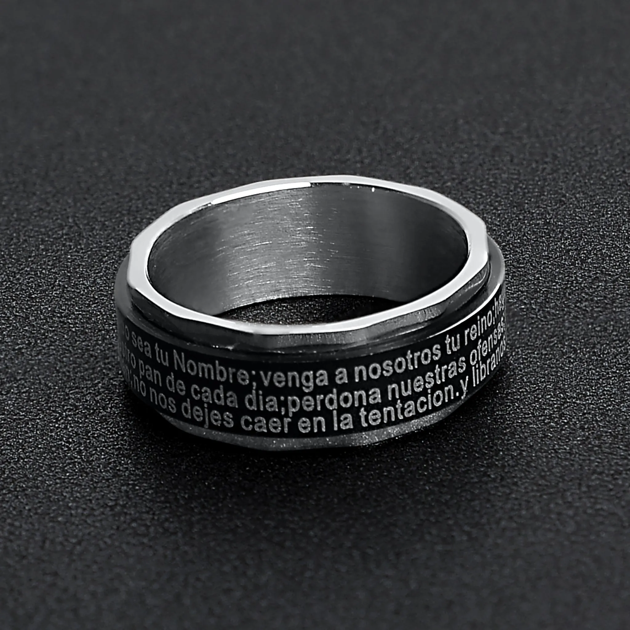 Black Stainless Steel Spanish Lord's Prayer Center Spinner Ring / SRJ1009