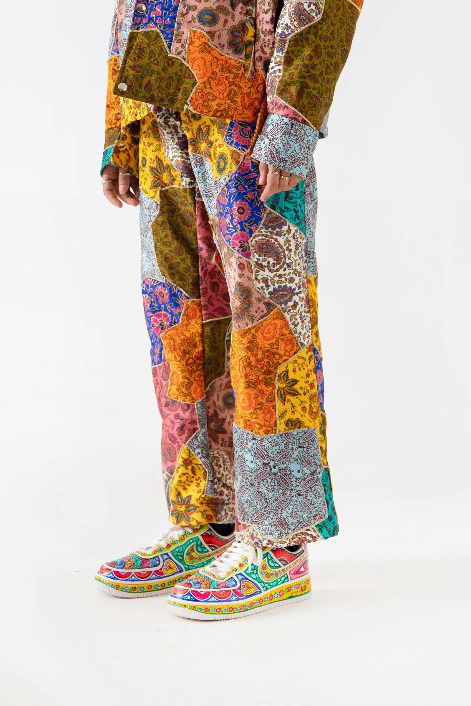 BLOCKPRINTED PATCHWORK SATIN TROUSERS