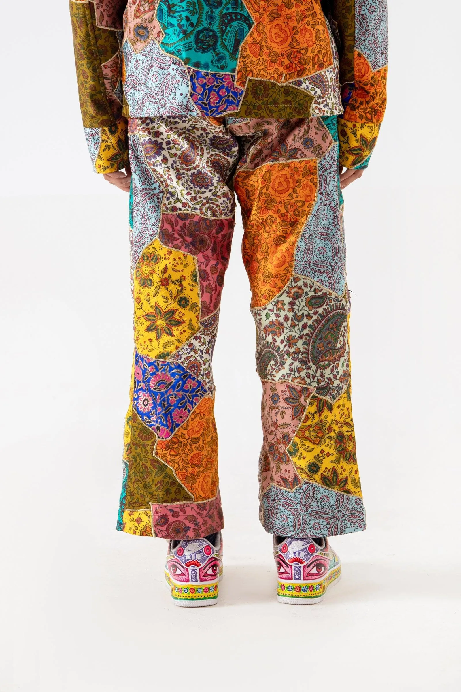 BLOCKPRINTED PATCHWORK SATIN TROUSERS