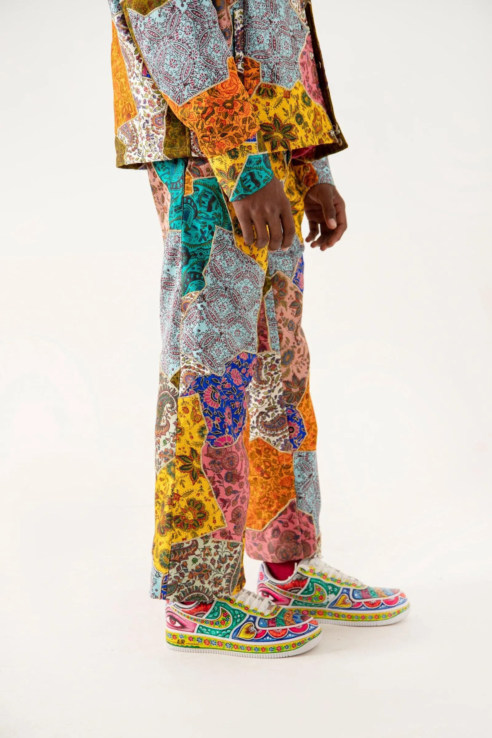 BLOCKPRINTED PATCHWORK SATIN TROUSERS