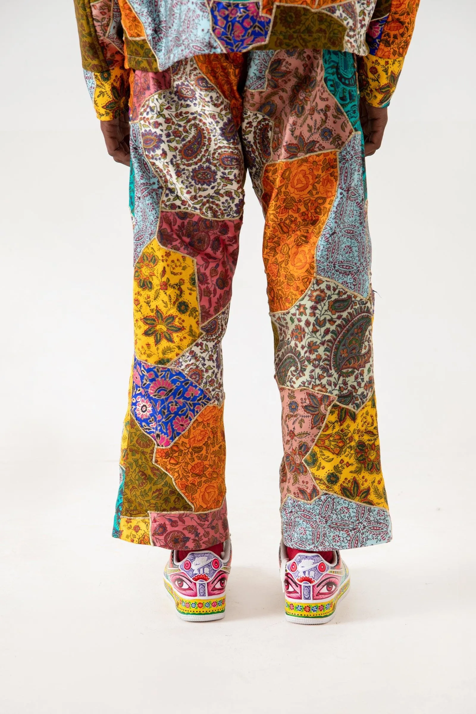 BLOCKPRINTED PATCHWORK SATIN TROUSERS