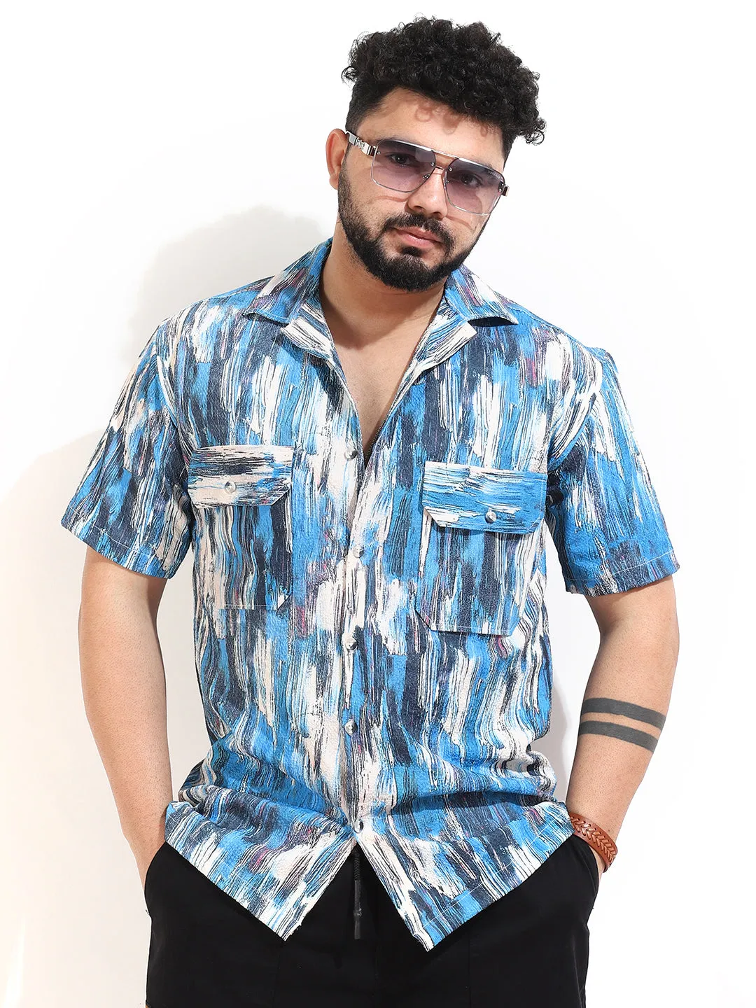 Blue Bubble Print Half Sleeve Shirt