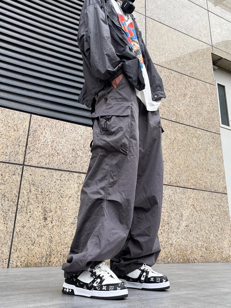 Bonsir boy outfits Japanese Harajuku Style American Style Wide Leg High Street Multi-Pocket Drawstring Casual Pants Loose Oversize Overalls