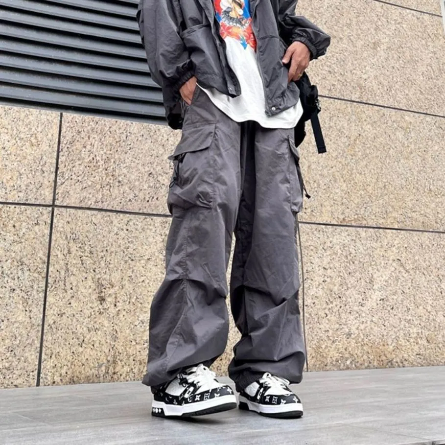 Bonsir boy outfits Japanese Harajuku Style American Style Wide Leg High Street Multi-Pocket Drawstring Casual Pants Loose Oversize Overalls