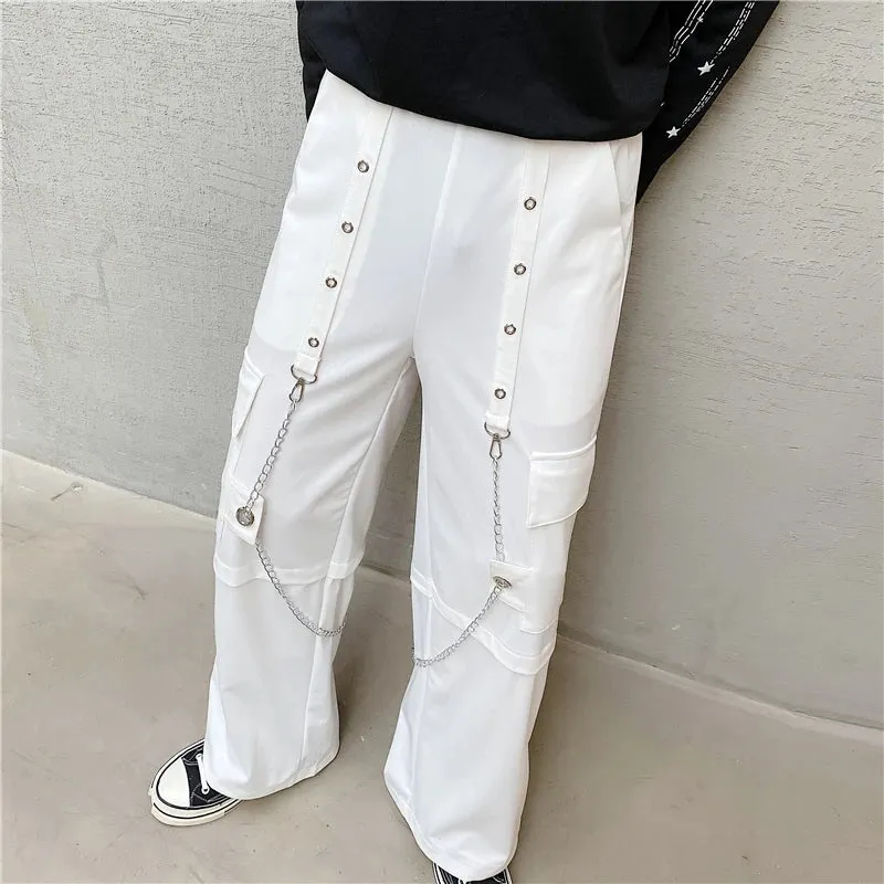 BONSIR  -  Men Autumn New Fashion Wide Leg Pants Both Metal Chain Decor Big Pockets Elastic Overalls Mens Loose Casual Streetwear Trousers