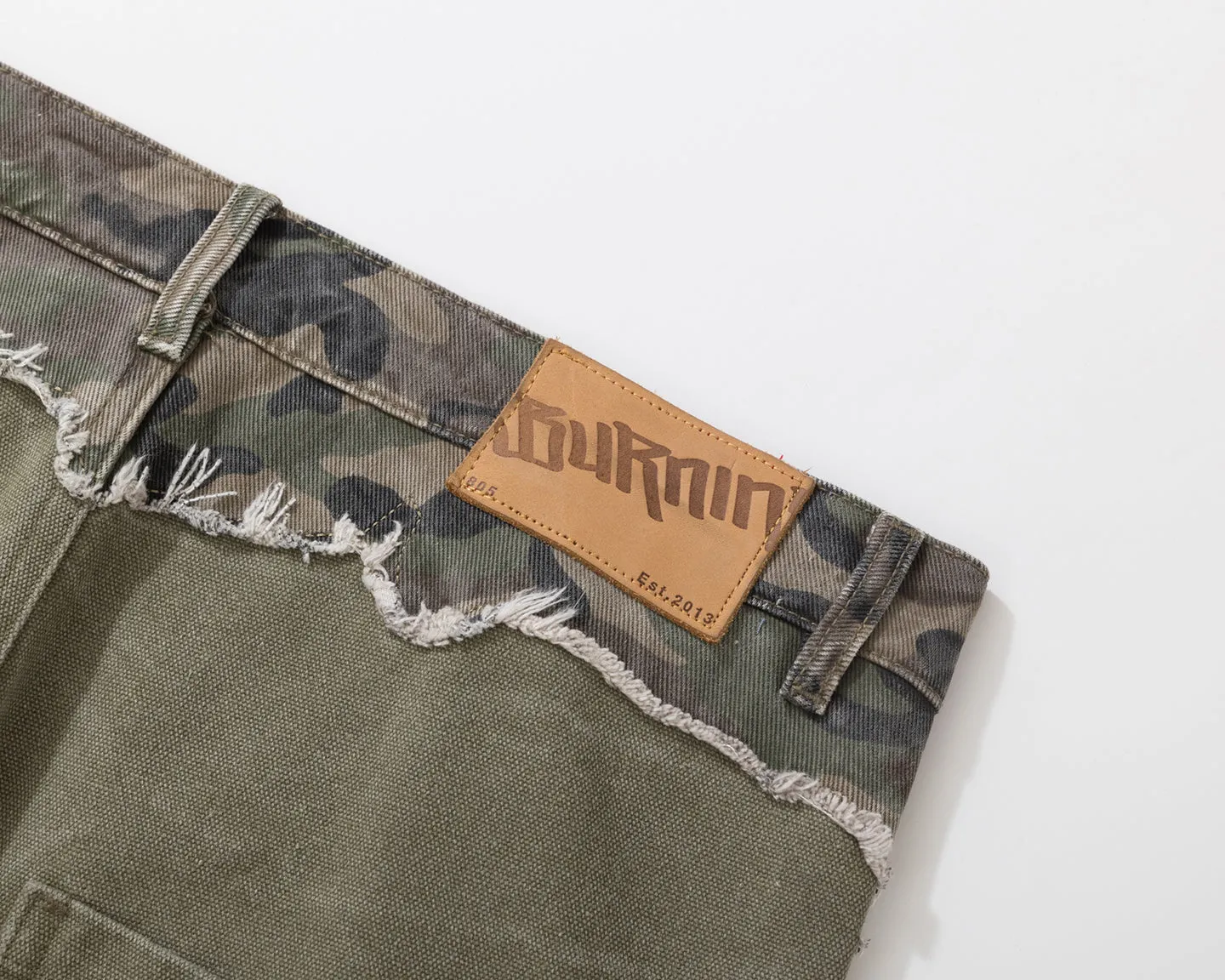 BURNIN* "Burnin for People" camouflage stitching ripped logging pants