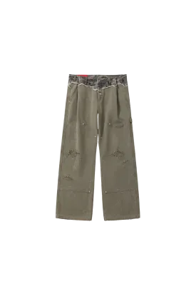 BURNIN* "Burnin for People" camouflage stitching ripped logging pants