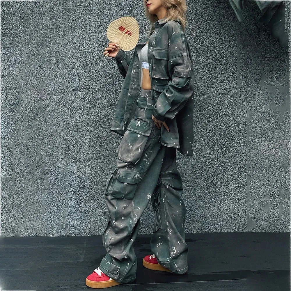 Camouflage Casual Two Piece Set For Women Lapel Long Sleeve Spliced Button Jackets High Waist Cargo Pants Loose Sets Female