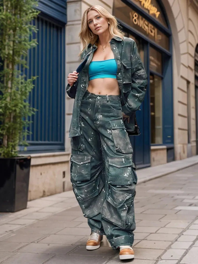 Camouflage Two Piece Set For Women Lapel Long Sleeve Spliced Button Coat High Waist Cargo Pants Chic Sets Female