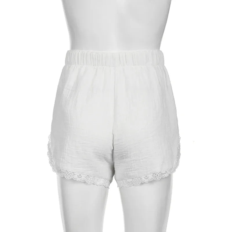 Casual White Basic Summer Shorts Women Lace Trim Buttons Homewear Sporty Chic Short Pants Elastic Waist Korean Hottie