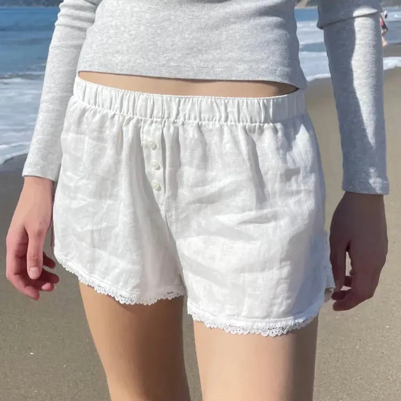 Casual White Basic Summer Shorts Women Lace Trim Buttons Homewear Sporty Chic Short Pants Elastic Waist Korean Hottie